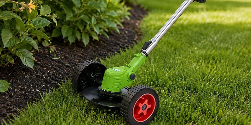 Shirem EdgePro cordless lawn edger trimming a clean edge along a garden bed
