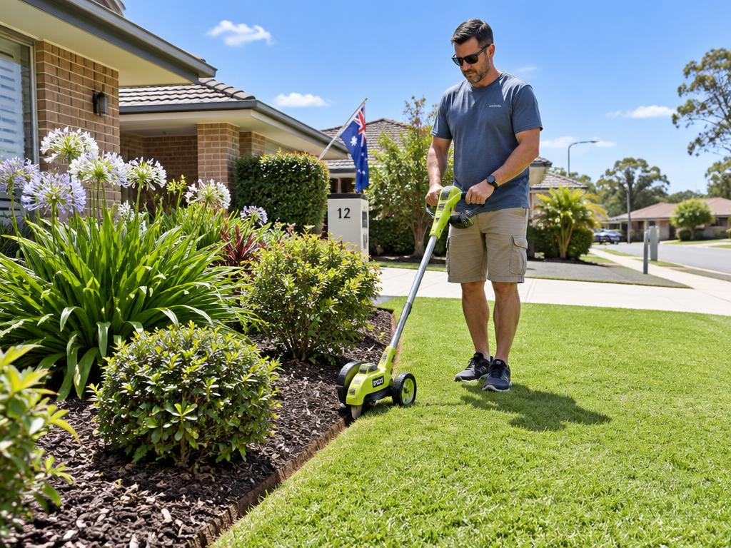 Homeowner using the Shirem EdgePro cordless lawn edger to create a crisp edge along an Australian front yard garden bed